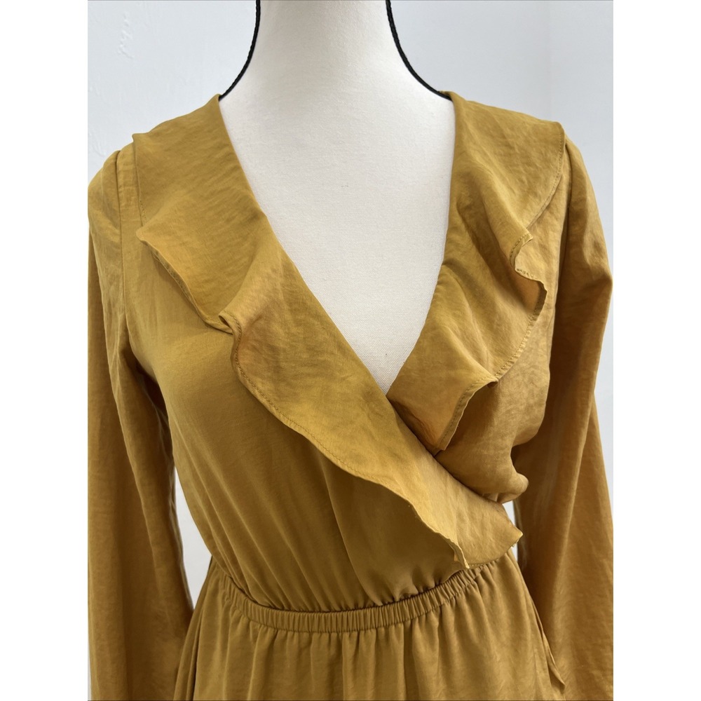 Express Faux Wrap Dress Womens XS Petite‎ Mustard Yellow Excellent Ruffle Mini - Picture 9 of 10